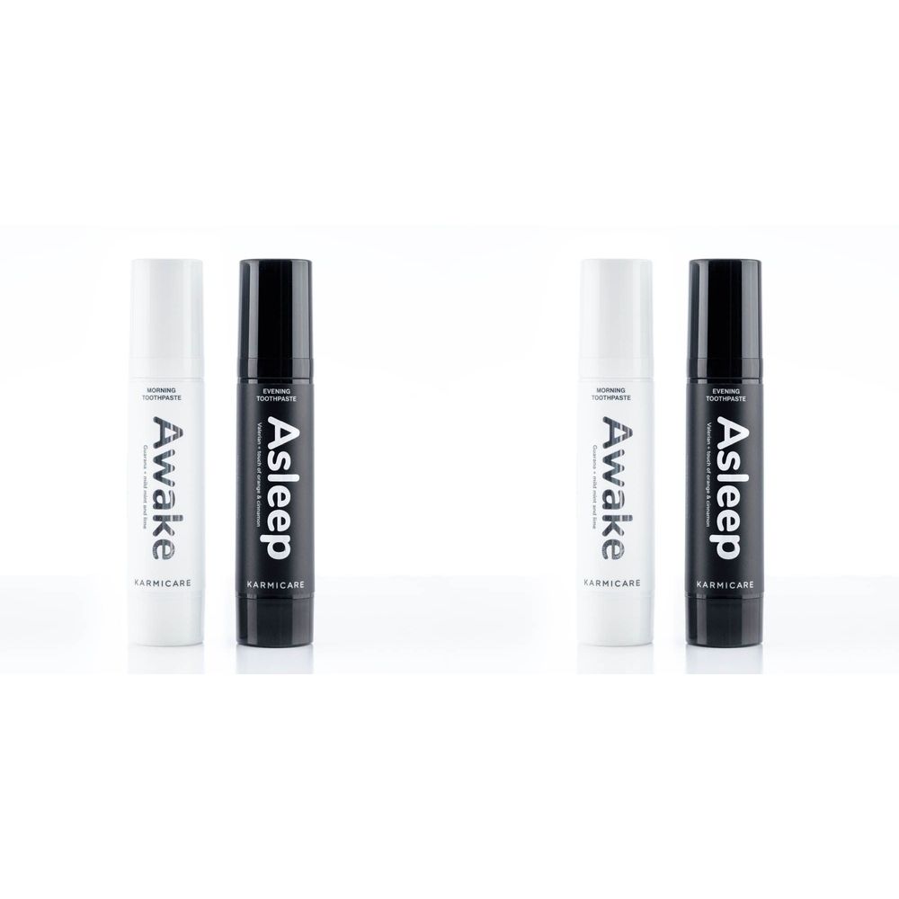 Deux tubes de dentifrice, blanc et noir. Inscriptions "Awake" et "Asleep". Nom de la marque en bas.