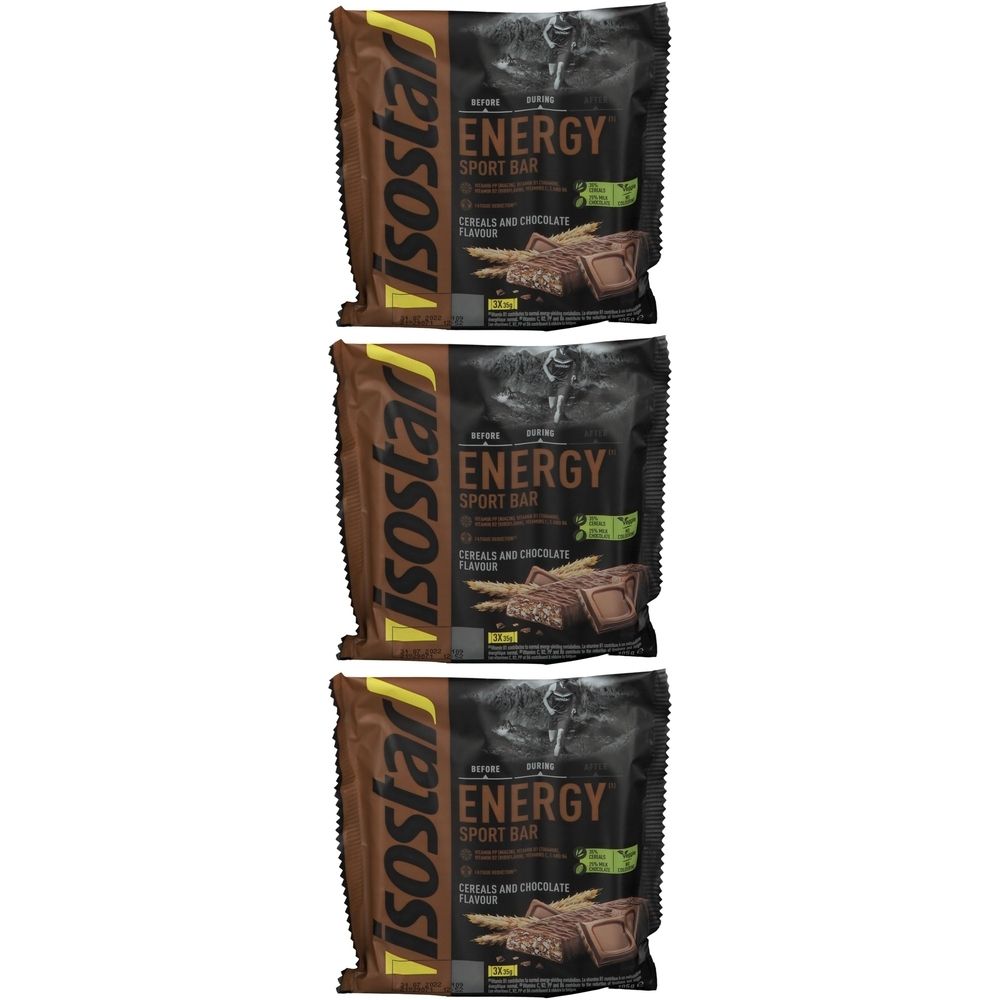 Drie verpakte repen. Opschrift: Isostar Energy Sport Bar, cereals and chocolate flavour.