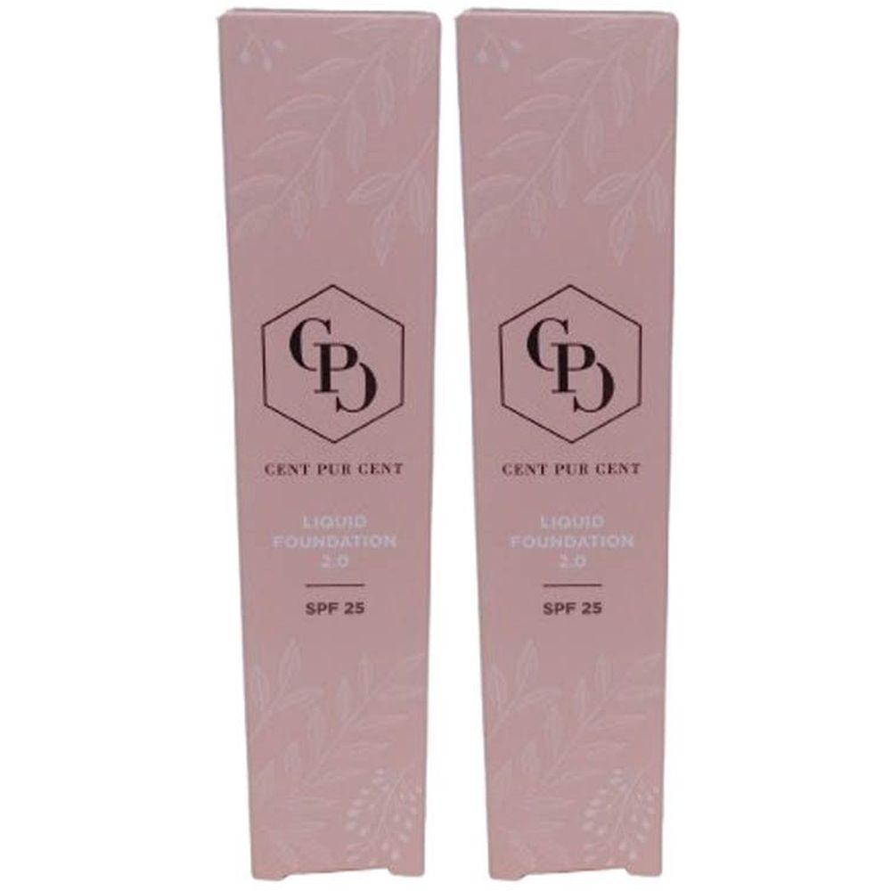 Deux emballages roses allongés. Inscription: Cent Pur Cent Liquid Foundation 2.0 SPF 25. Logo: CD.