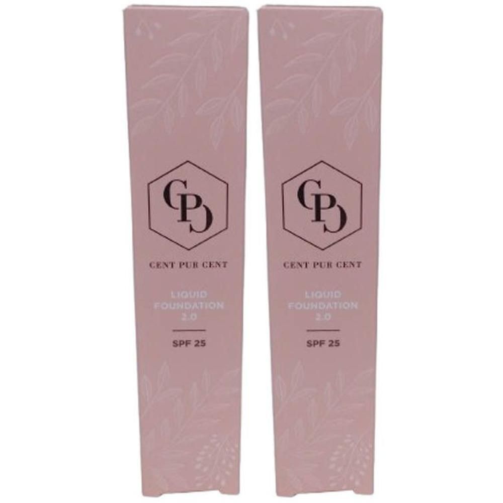 Twee langwerpige, roze verpakkingen. Opschrift: Cent Pur Cent Liquid Foundation 2.0 SPF 25. Logo: CD.