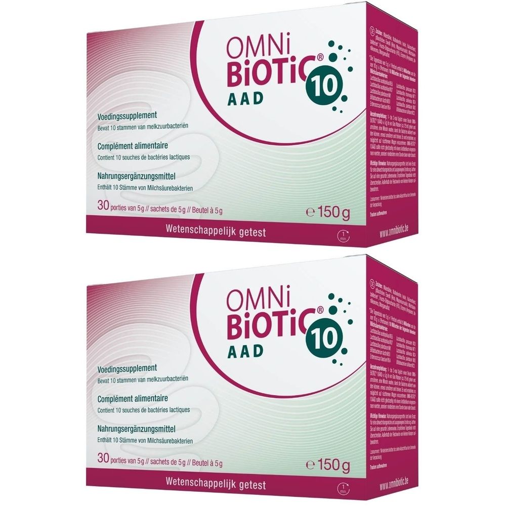 Twee dozen Omni Biotic Aad 10. Rode en witte verpakking met productnaam en informatie. 30 zakjes.