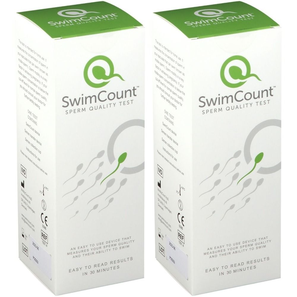 Twee witte dozen met groene deksel. Opschrift: SwimCount Sperm Quality Test. Illustratie van zaadcellen. Tekst: Gemakkelijke resultaten in 30 minuten.