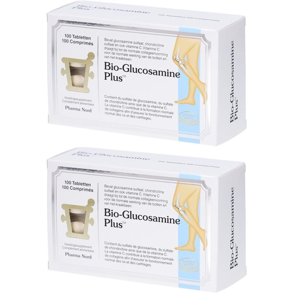 Twee dozen Pharma Nord Bio-glucosamine Plus. Witte dozen met productnaam en illustratie van een knie.