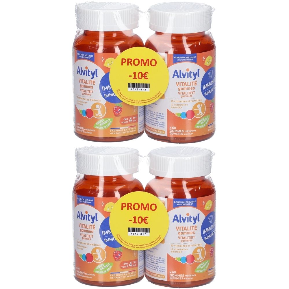 Quatre flacons de Alvityl Vitalité Gommes. Étiquette promotionnelle -10€. Nom et logo du produit visibles.