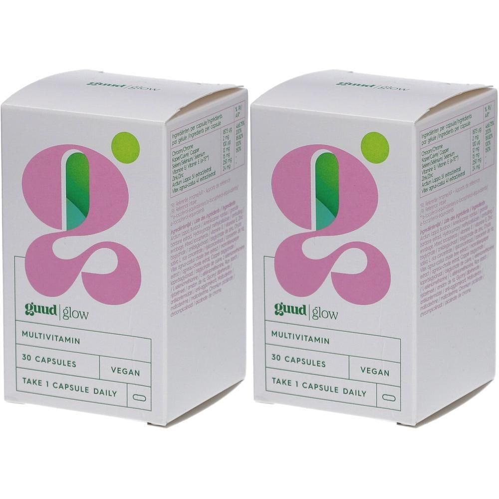Deux boîtes blanches avec logo rose et texte. Inscription : Guud Glow, Multivitamine, 30 gélules, végétalien.