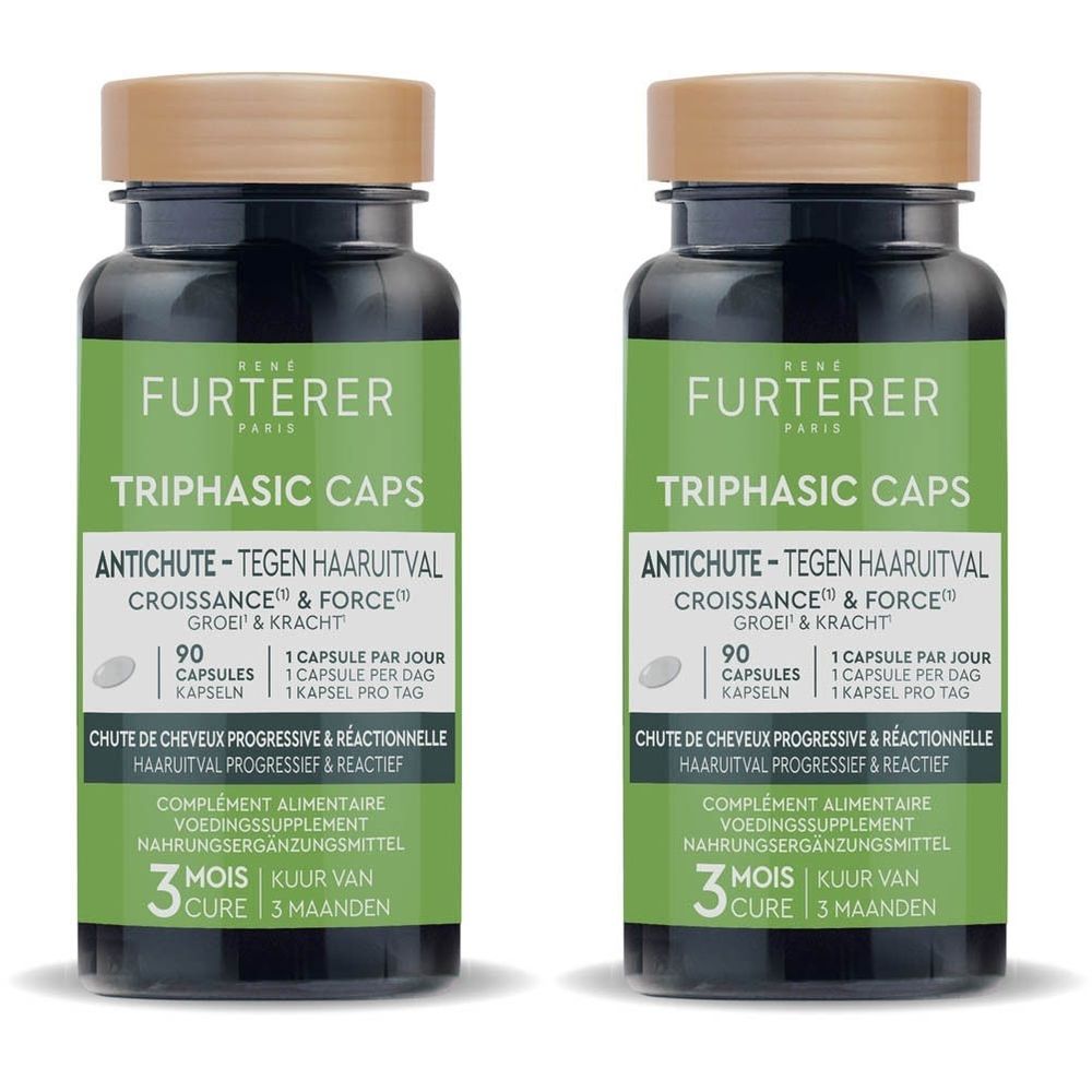 Deux flacons de capsules. Inscription: TRIPHASIC CAPS, ANTICHUTE, 90 capsules, cure de 3 mois. Marque: René Furterer.