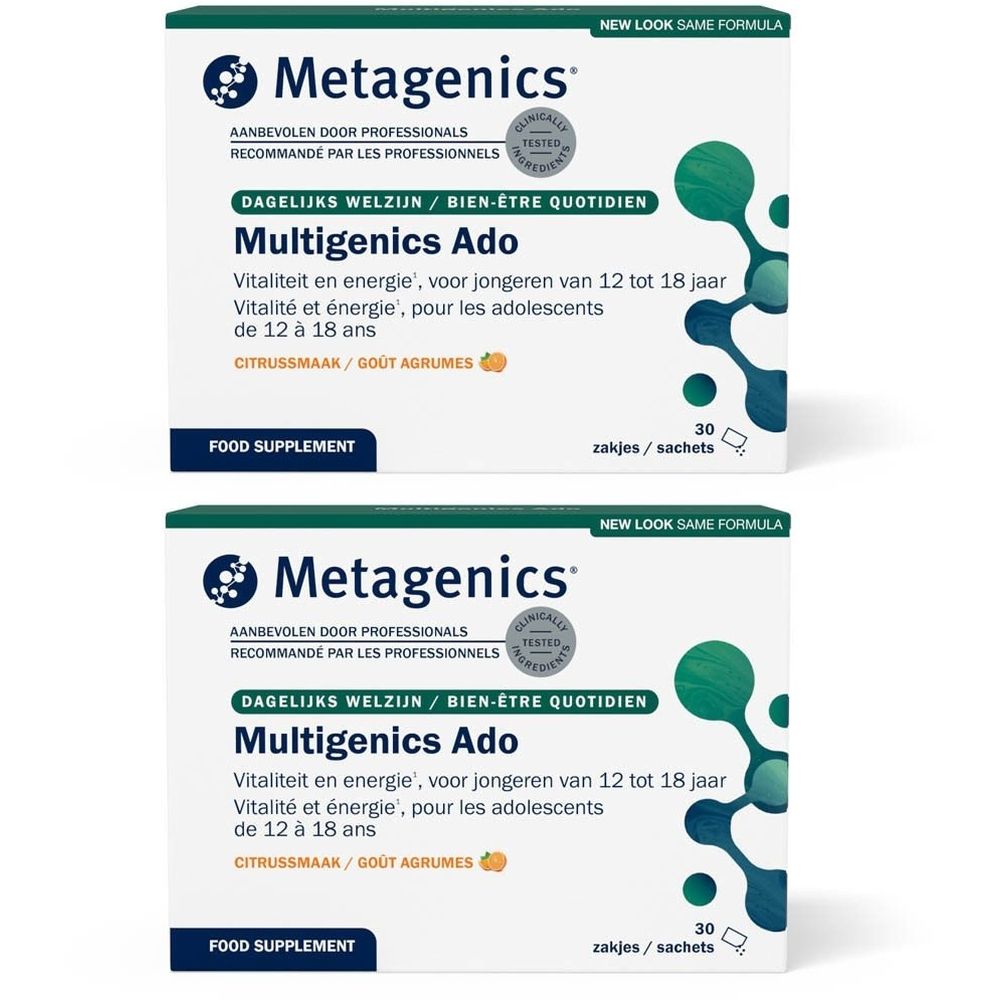 Twee dozen Multigenics Ado. Opschrift: Metagenics, dagelijks welzijn, voor jongeren van 12 tot 18 jaar. 30 zakjes.