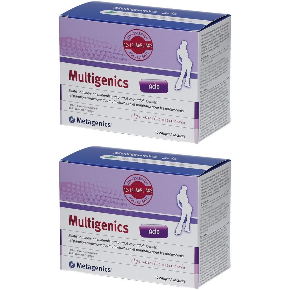 Twee dozen Multigenics Ado. Opschrift: Multivitaminen- en mineralenpreparaat voor adolescenten. 30 zakjes.