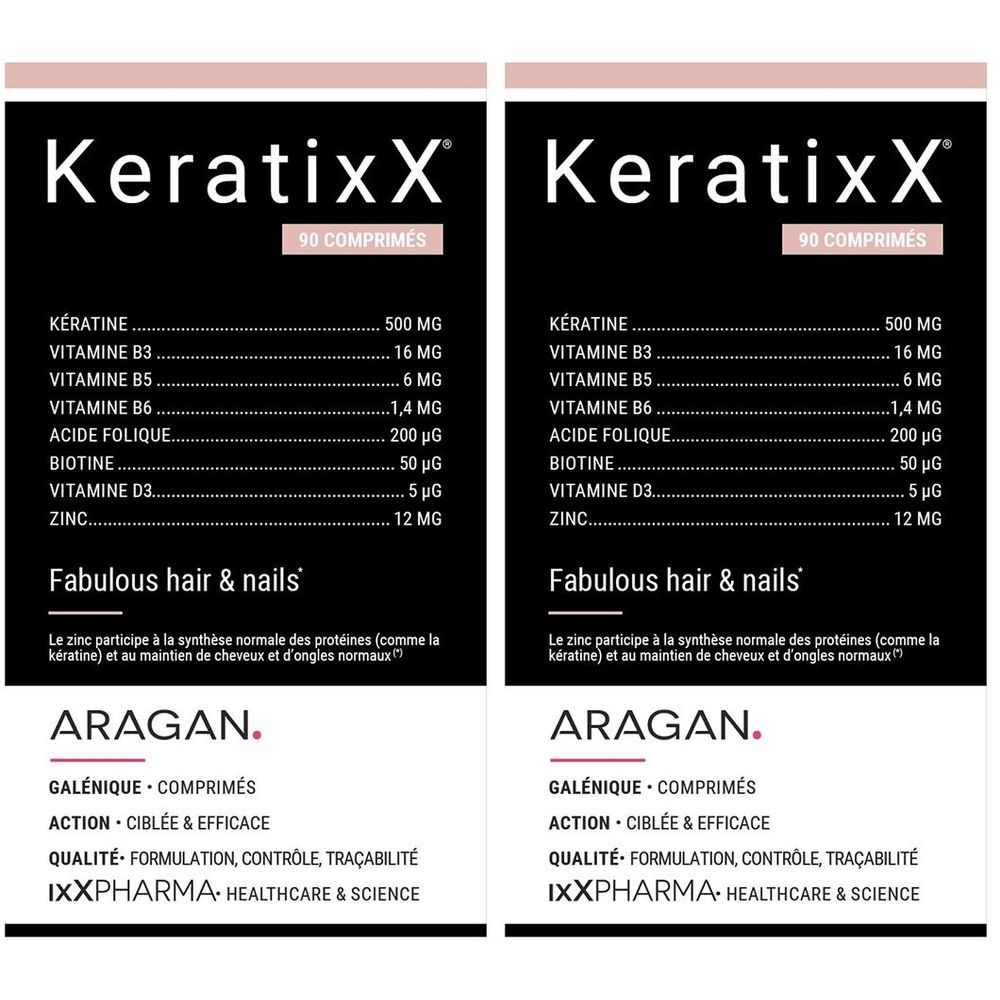 Deux boîtes de comprimés KeratixX. Contient kératine, vitamines et zinc. Emballage noir avec texte blanc.