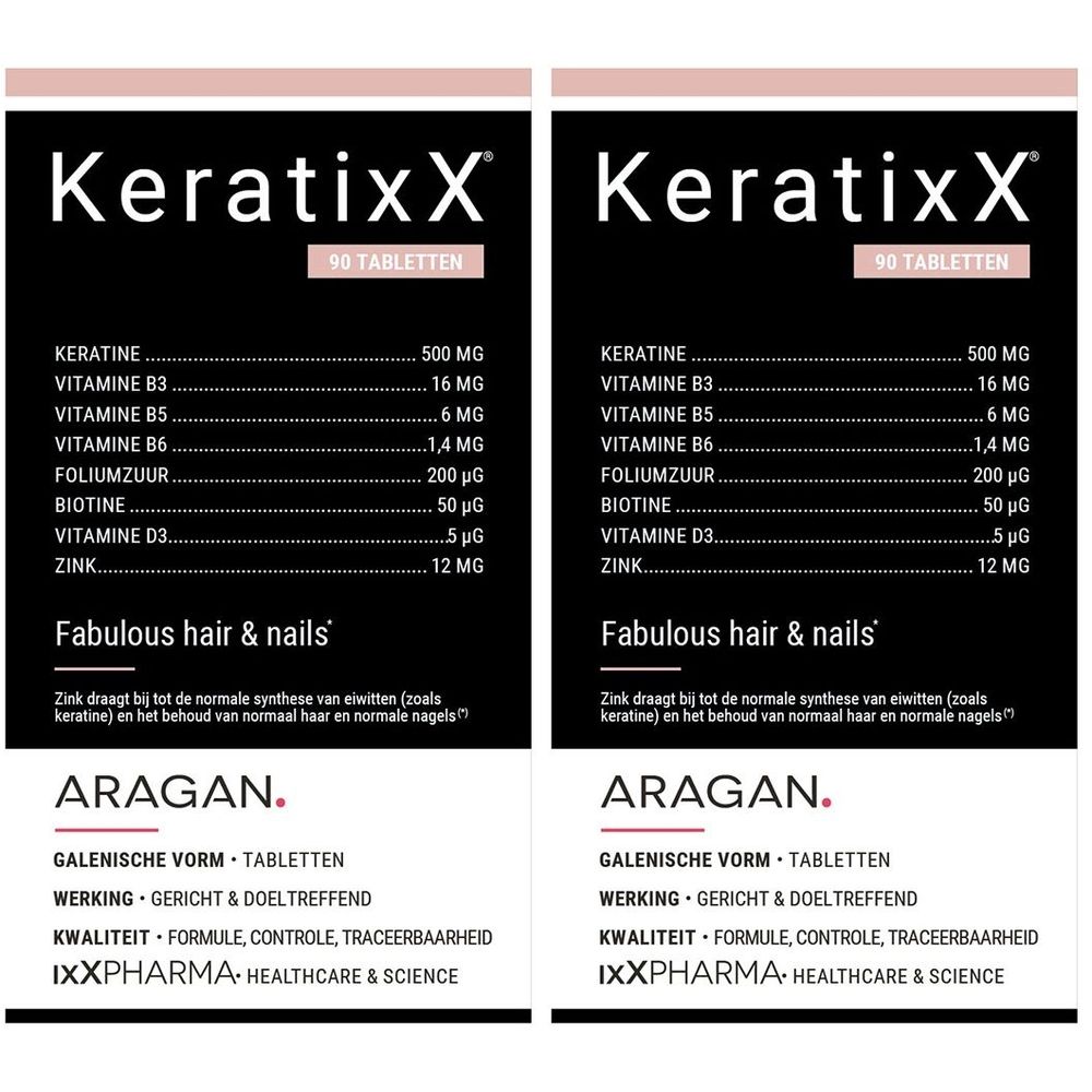 Twee verpakkingen KeratixX tabletten. Bevat keratine, vitaminen en zink. Zwarte verpakking met witte tekst.