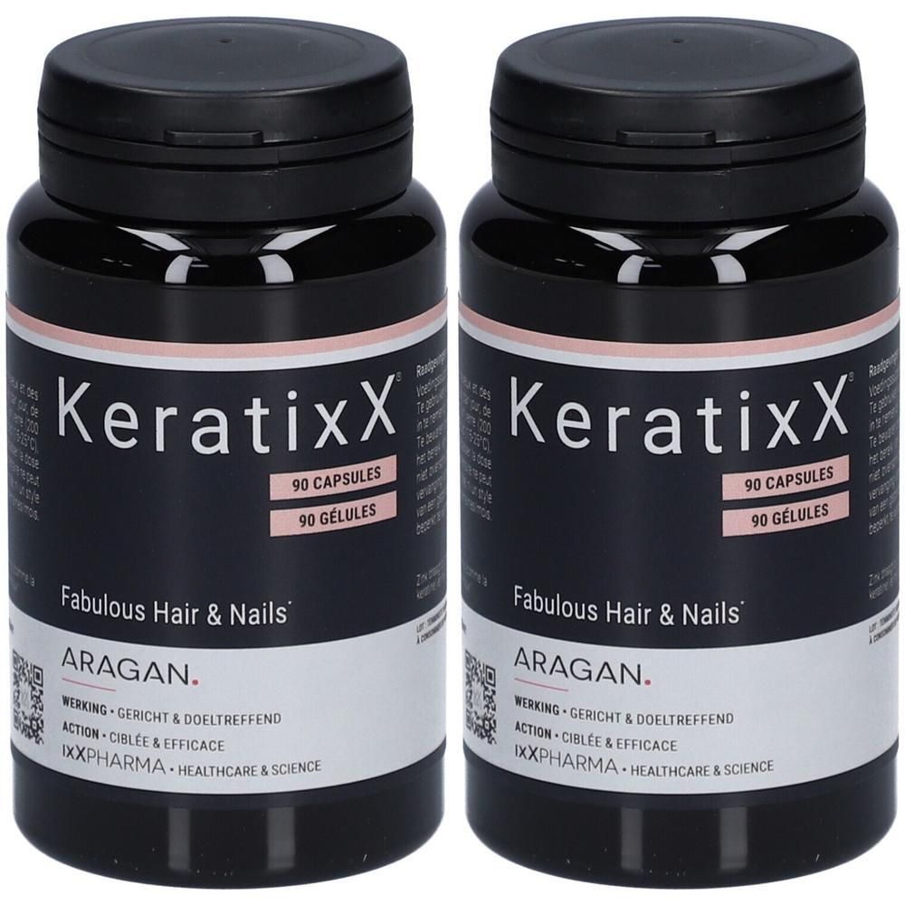 Twee zwarte KeratixX-flessen met etiket. Opschrift: KeratixX, 90 capsules, Fabulous Hair & Nails, Aragan.