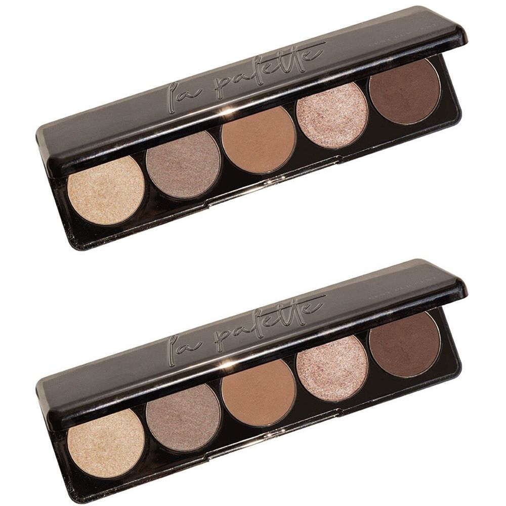 Deux palettes ouvertes avec cinq fards à paupières ronds chacune. Différentes nuances de brun. Inscription: La Palette.