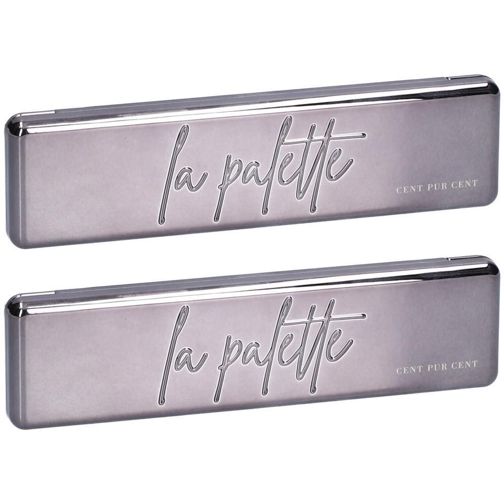 Twee metalen, rechthoekige paletten. Opschrift: La Palette, CENT PUR CENT. Glad, zilverkleurig oppervlak.