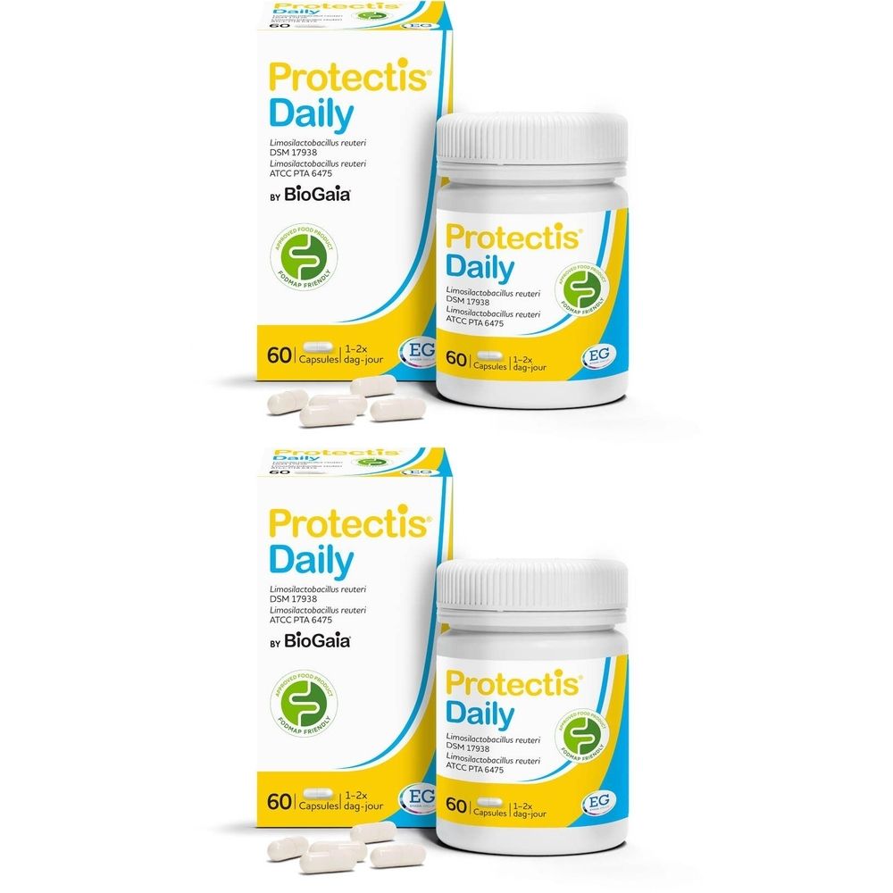 Twee verpakkingen Protectis Daily met flessen en capsules. Geel-blauwe verpakking. Bevat 60 capsules.