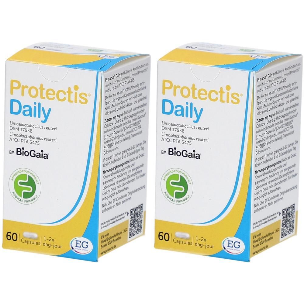 Twee dozen Protectis Daily. Geel-blauwe verpakking met productnaam en logo. Bevat 60 capsules.