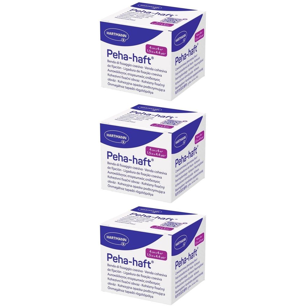 Trois boîtes de Peha-haft, bandage auto-adhésif. Emballage bleu et blanc. Inscription : Hartmann.