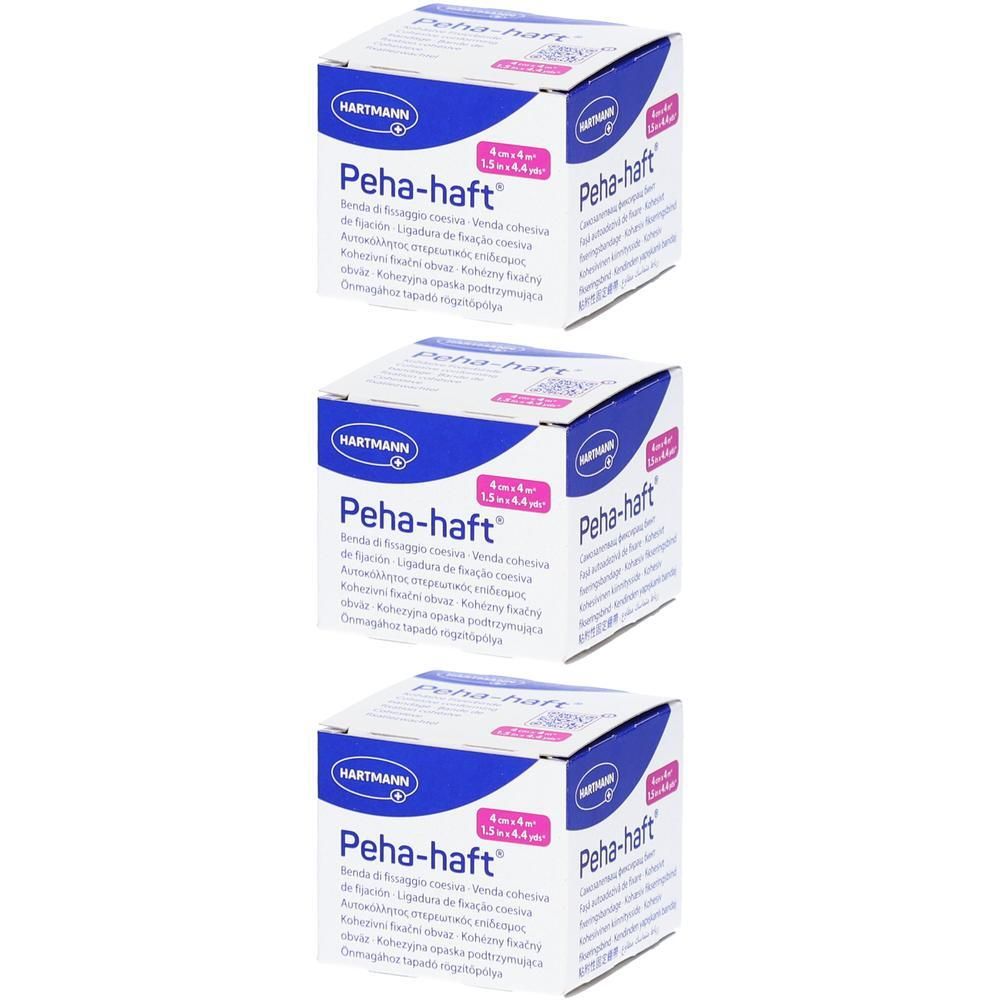 Trois boîtes de bandage de fixation auto-adhésif Hartmann Peha-haft. Emballage bleu et blanc avec nom et logo.