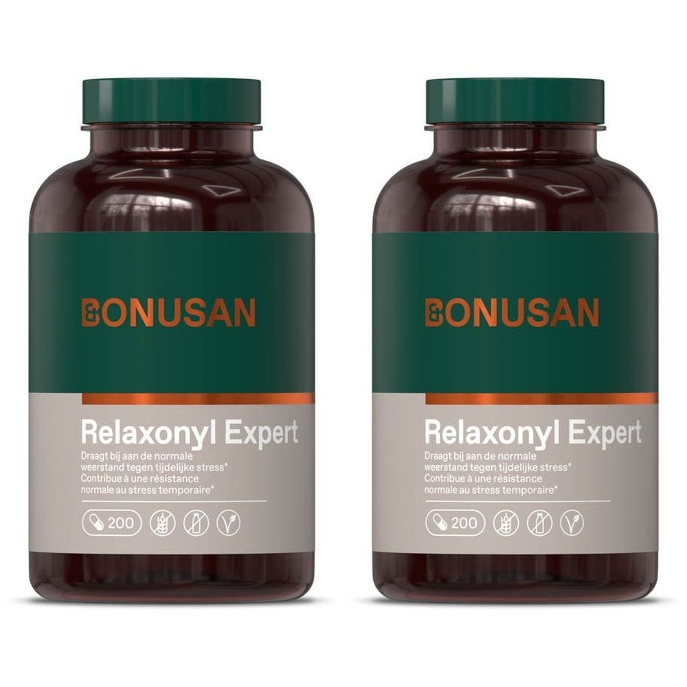 Twee bruine flessen met groene dop en etiket. Op het etiket staat "BONUSAN" en "Relaxonyl Expert".