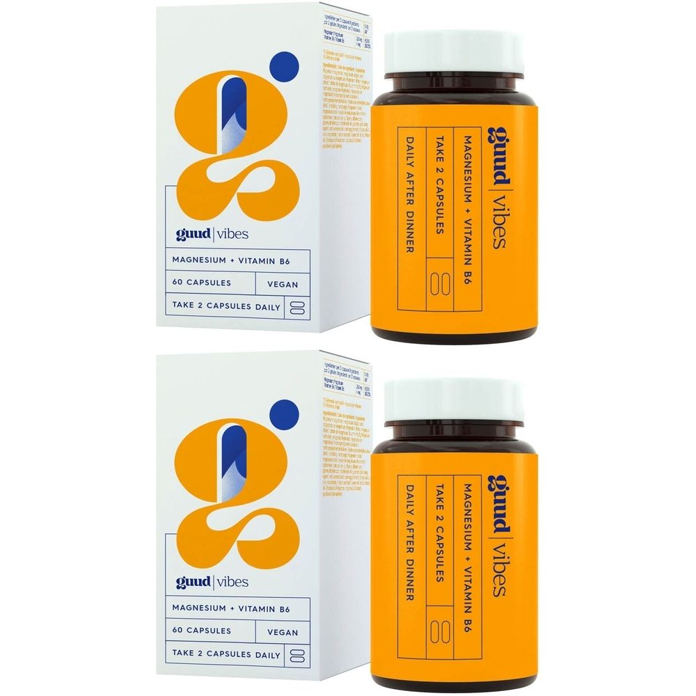 Twee flessen met geel etiket en tekst: Guud Vibes, Magnesium + Vitamine B6, 60 capsules, vegan.