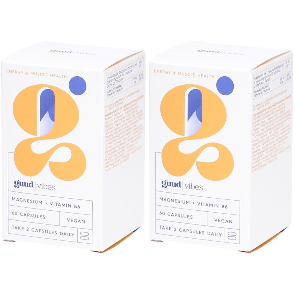 Deux boîtes blanches avec logo jaune et texte: Guud Vibes, Magnésium + Vitamine B6, 60 gélules, végétalien.