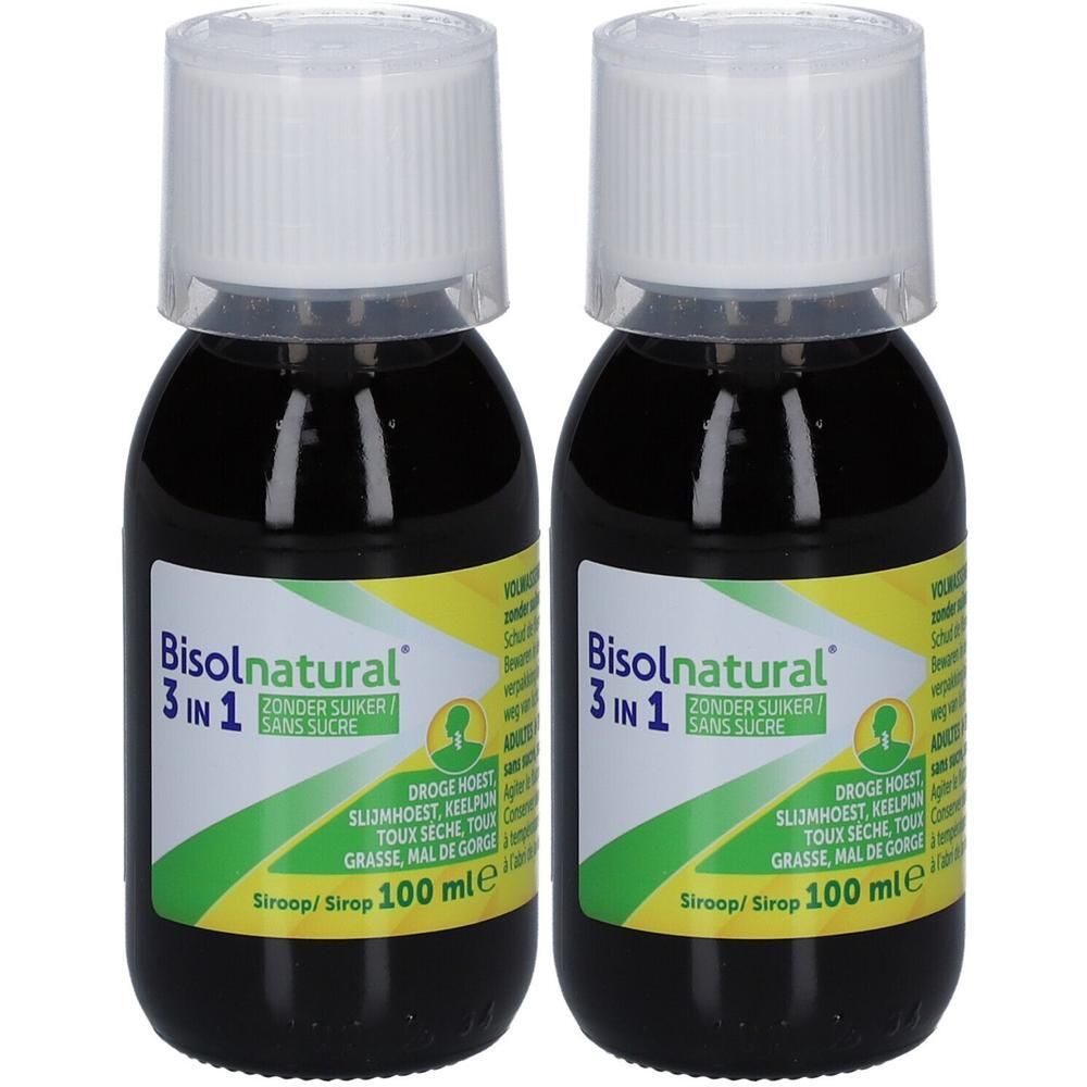 Twee flessen Bisolnatural 3 in 1. Bruine vloeistof, witte dop. Etiket met productinfo en logo.