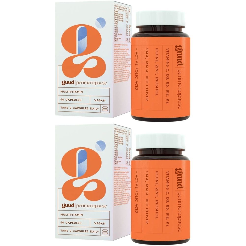 Twee dozen en twee flessen capsules. Opschrift: guud perimenopause, multivitamine, 60 capsules, vegan.