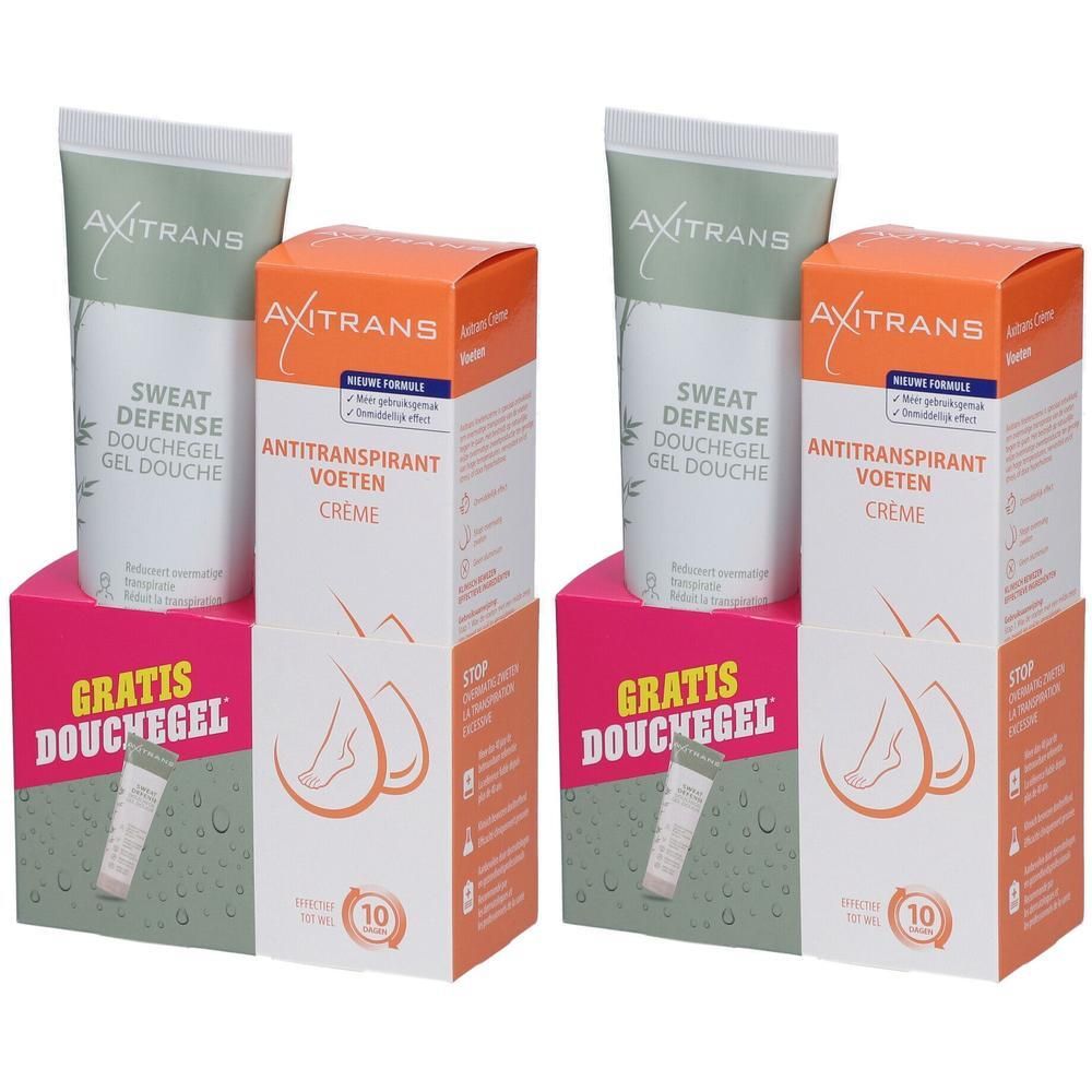 Twee sets Axitrans Antitranspirant Pieds + Gel Douche. Elke set bevat crème, douchegel en verpakking met tekst.