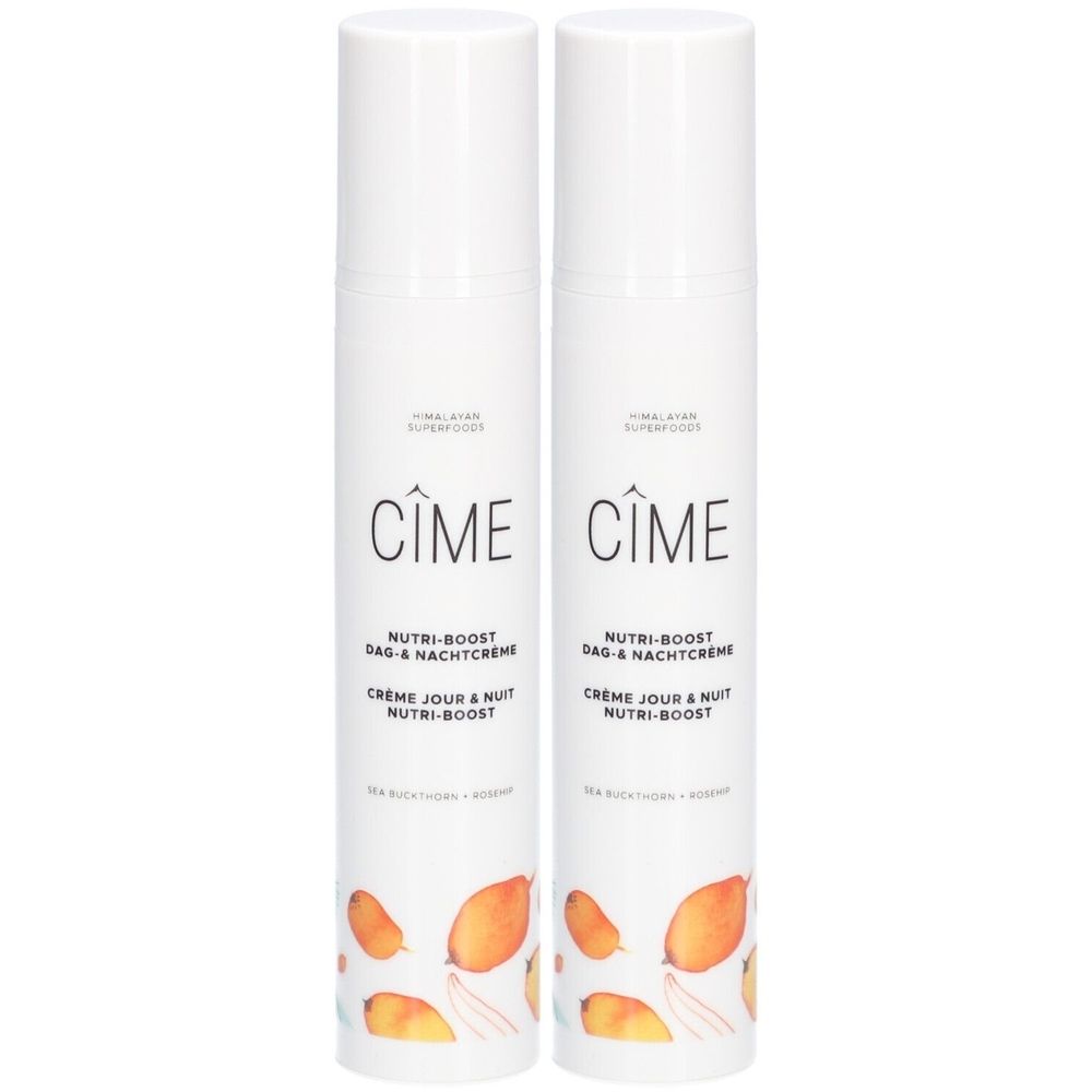 Twee witte crèmes met Cîme-logo. Tekst: Nutri-Boost Dag & Nachtcreme, Crème Jour & Nuit Nutri-Boost. Illustraties van fruit.