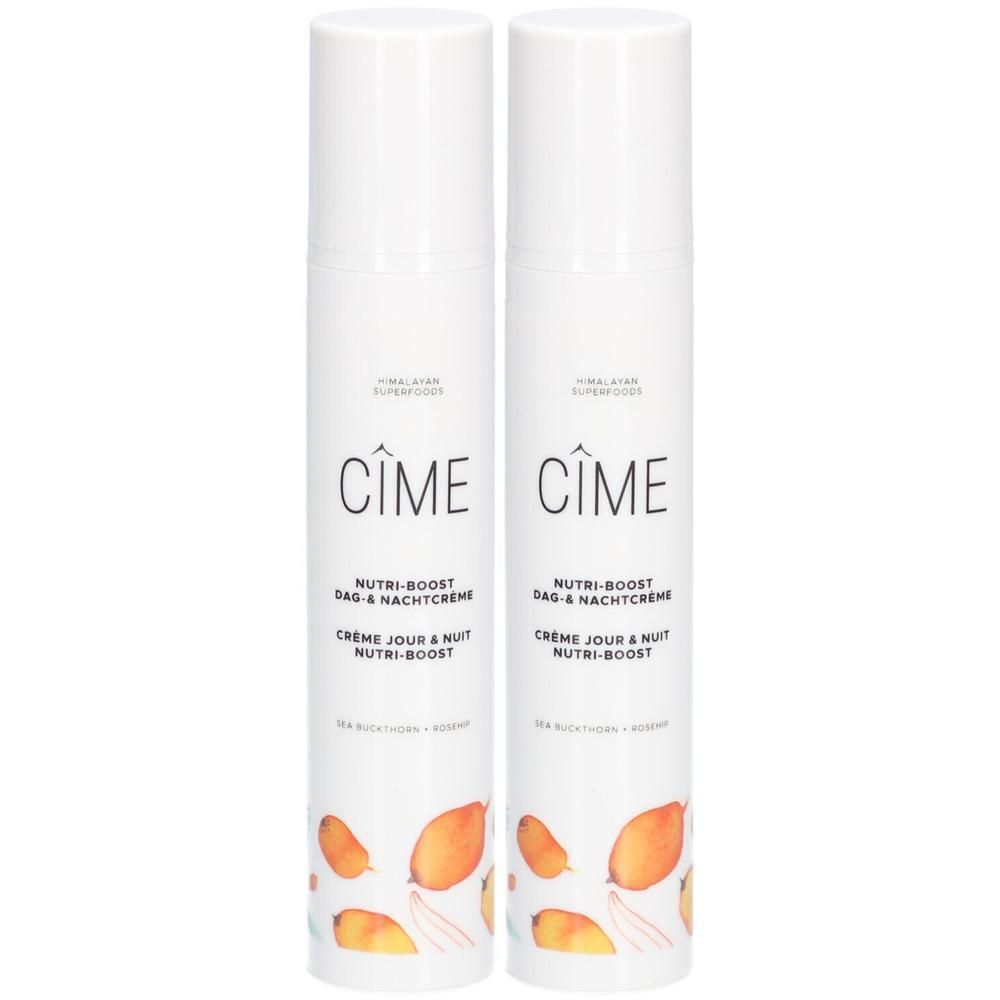 Twee witte crèmes met Cîme-logo. Tekst: Nutri-Boost Dag & Nachtcreme, Crème Jour & Nuit Nutri-Boost. Illustraties van fruit.