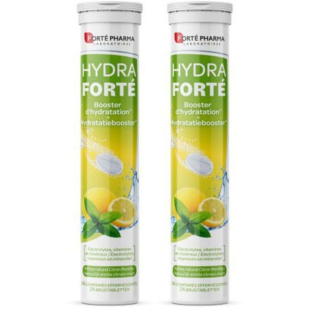 Deux tubes cylindriques Hydra Forté. Inscriptions avec informations produit et illustrations de citrons et menthe. 24 comprimés effervescents.