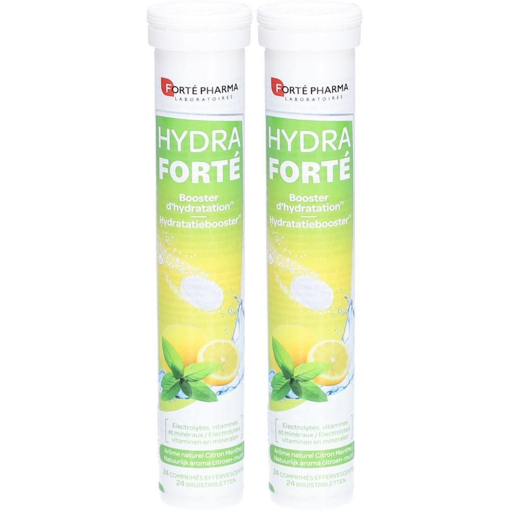 Twee cilindrische tubes Hydra Forté. Opschrift: Hydra Forté, Booster d'hydratation, citroen-munt aroma. Bruistabletten.