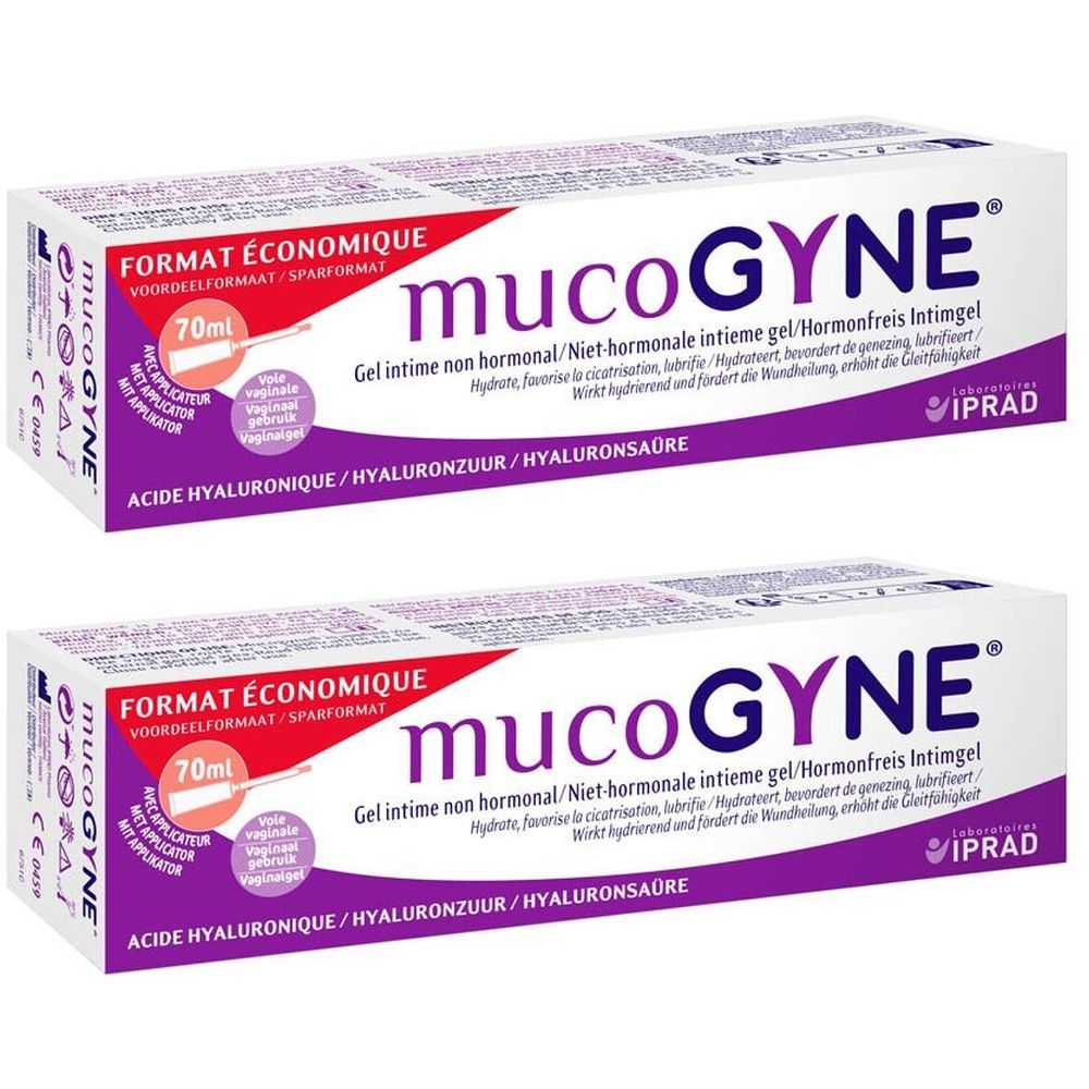 Deux boîtes de gel intime Mucogyne. Inscription : Format économique, 70ml, avec applicateur. Contient de l'acide hyaluronique.