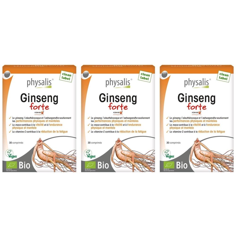 Trois boîtes de Physalis Ginseng Forte. Emballage orange avec nom du produit et image de racine de ginseng. Label Bio.