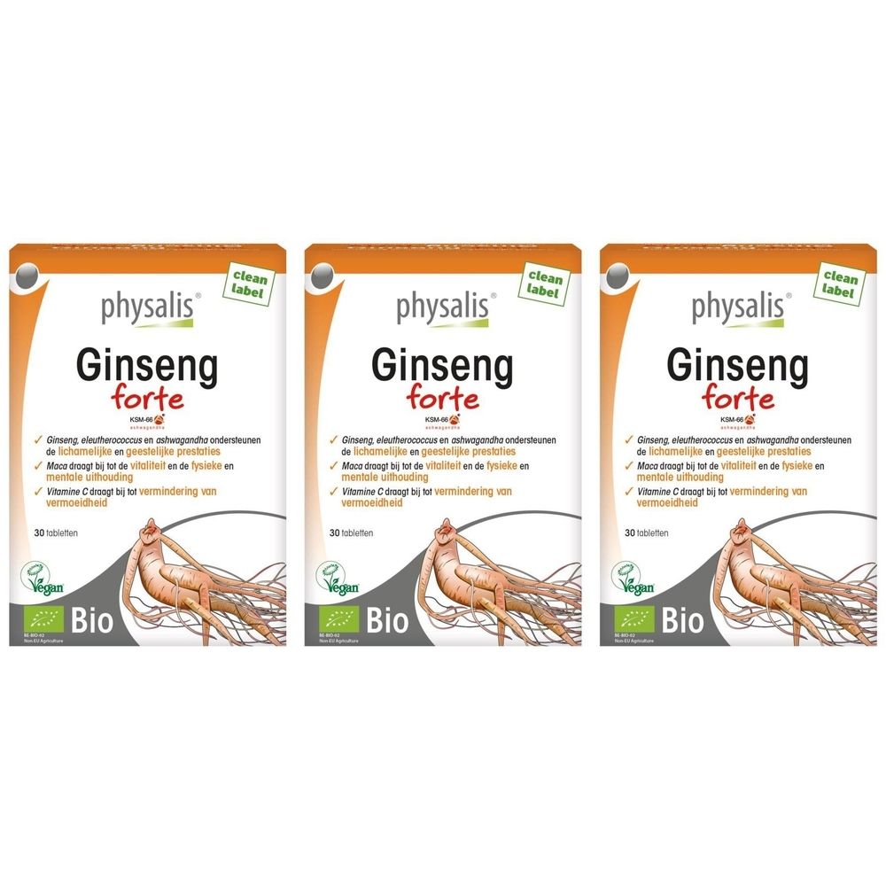 Drie verpakkingen Physalis Ginseng Forte. Oranje verpakking met productnaam en afbeelding van ginsengwortel. Bio-label.