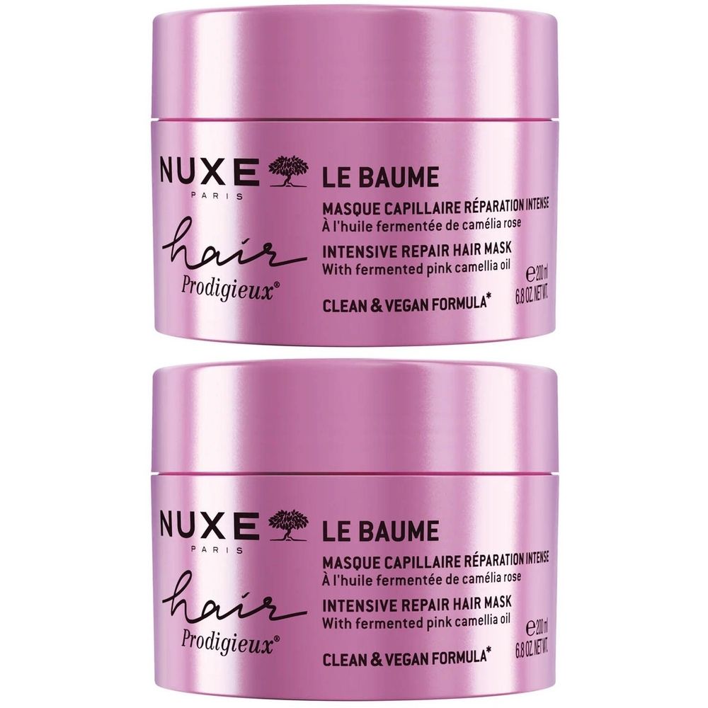 Twee roze potten met NUXE Hair Prodigieux Le Baume. Tekst: Intensive Repair Hair Mask, Clean & Vegan Formula.