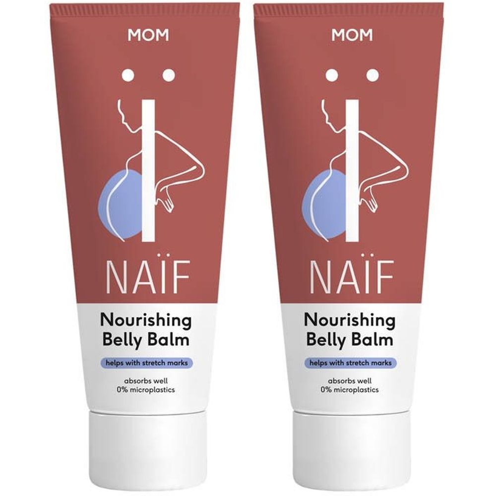 Twee tubes Naïf Belly Balm. Rode tube met witte tekst. Illustratie van een zwangere vrouw.