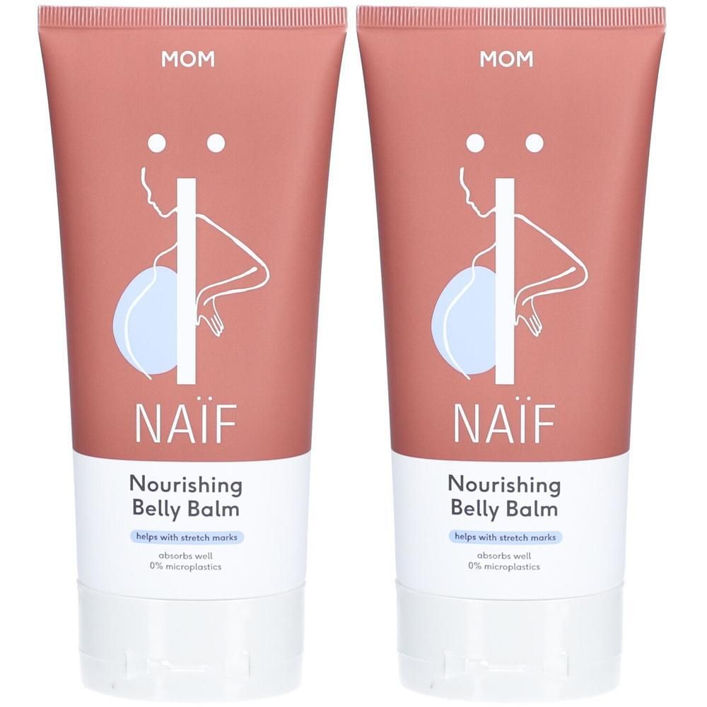 Twee tubes Naïf Nourishing Belly Balm. Roze-witte verpakking met logo en productnaam. Helpt bij striae.