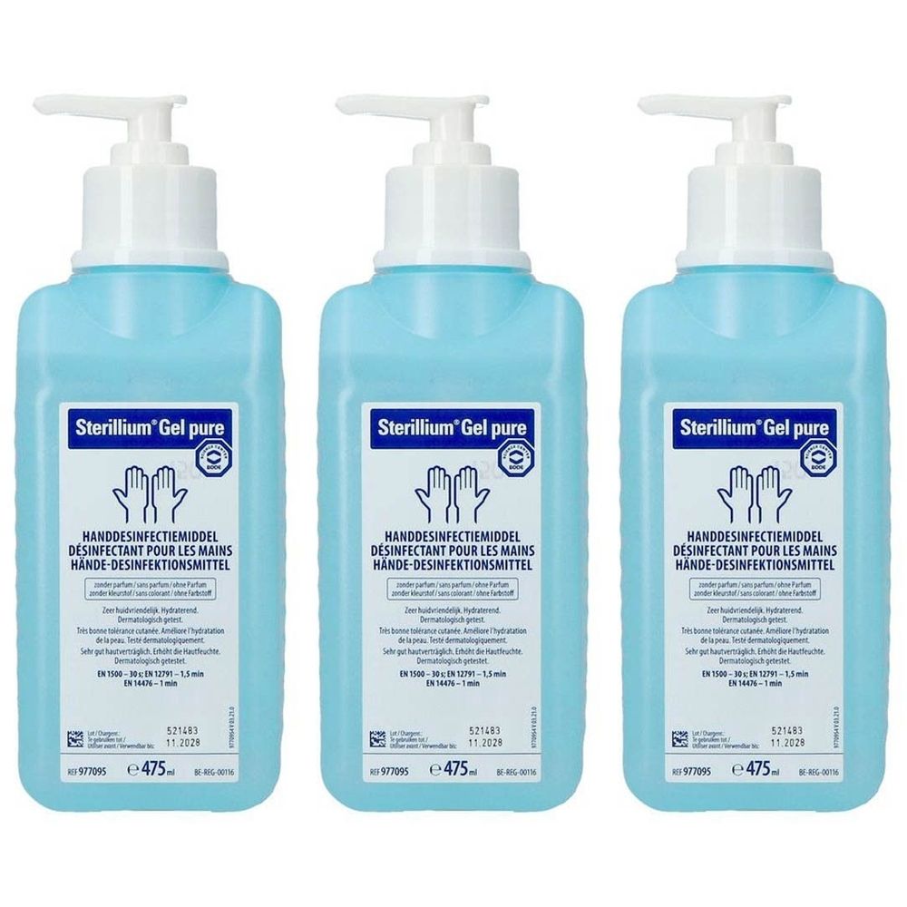 Trois flacons de Sterillium® Gel pure. Liquide bleu avec pompe. Inscription: DESINFECTANT POUR LES MAINS.