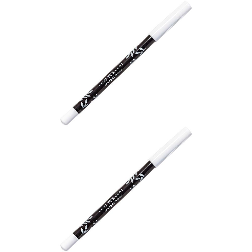 Deux crayons yeux noirs waterproof avec embout blanc. Inscription: Cent Pur Cent Waterproof.