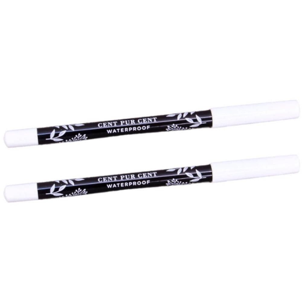 Twee witte oogpotloden met zwart middengedeelte. Opschrift: Cent Pur Cent Waterproof.