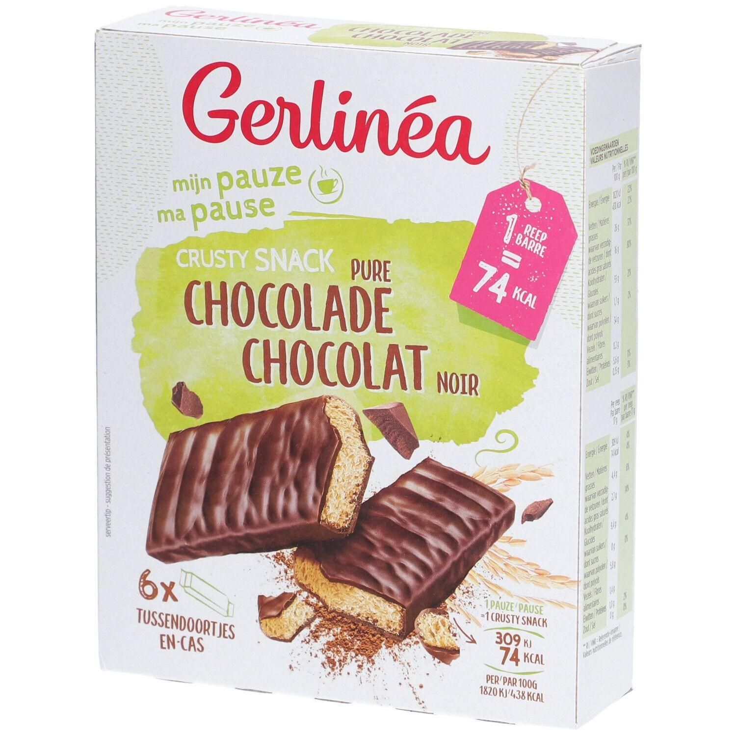 Boîte de Gerlinéa Crusty Snack Chocolat noir. Six barres, 74 kcal par barre. Nom du produit et logo visibles.