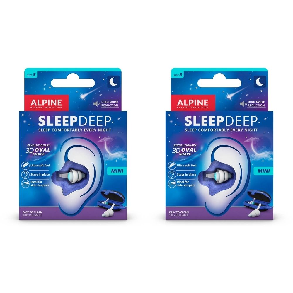 Twee verpakkingen Alpine SleepDeep Mini oordopjes. Blauwe verpakking met productafbeelding en tekst. Mini formaat.