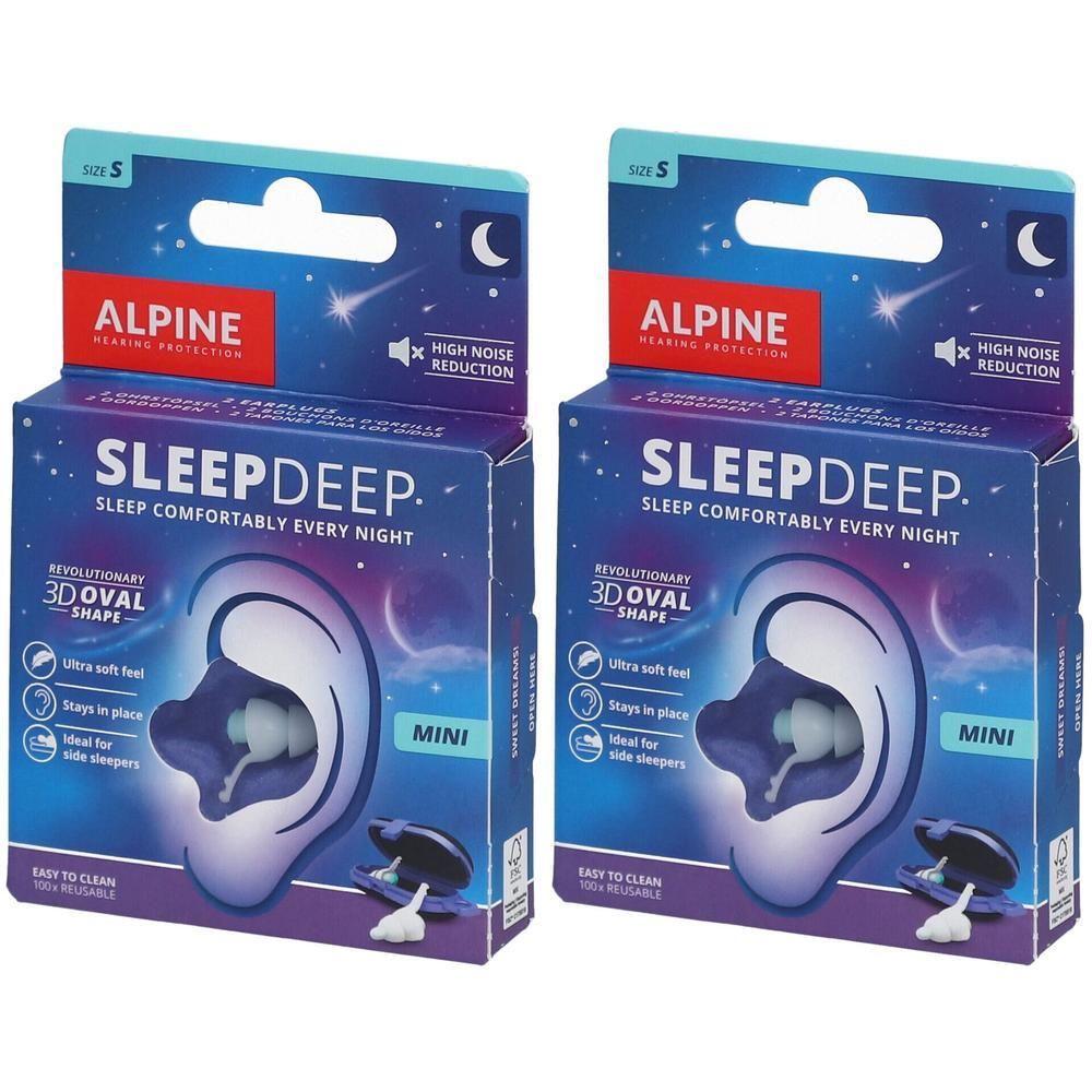 Twee verpakkingen van Alpine SleepDeep S. Blauwe verpakking met oorillustratie en productnaam. Mini oordopjes zichtbaar.