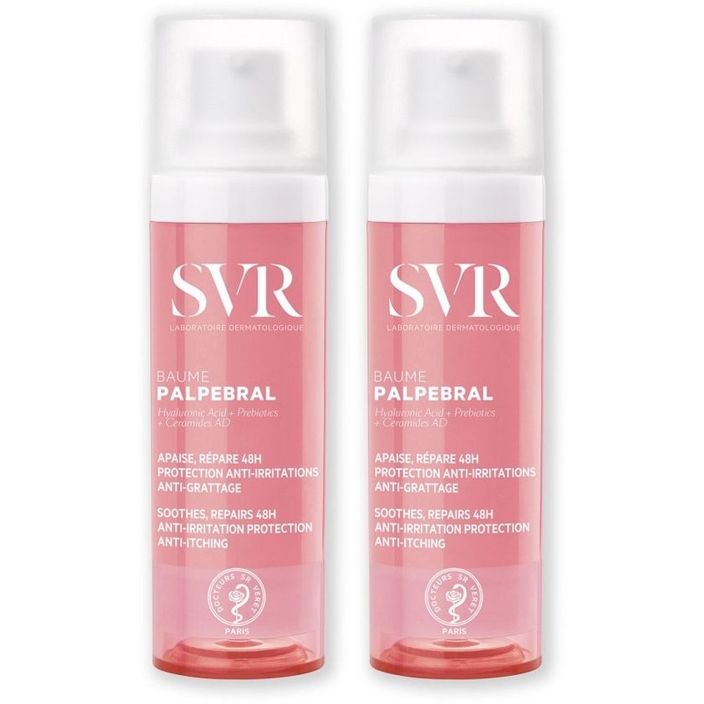 Twee roze flessen SVR Palpebral Baume. Witte dop, tekst en productinformatie. Opschrift: APAISE, REPARE 48H.