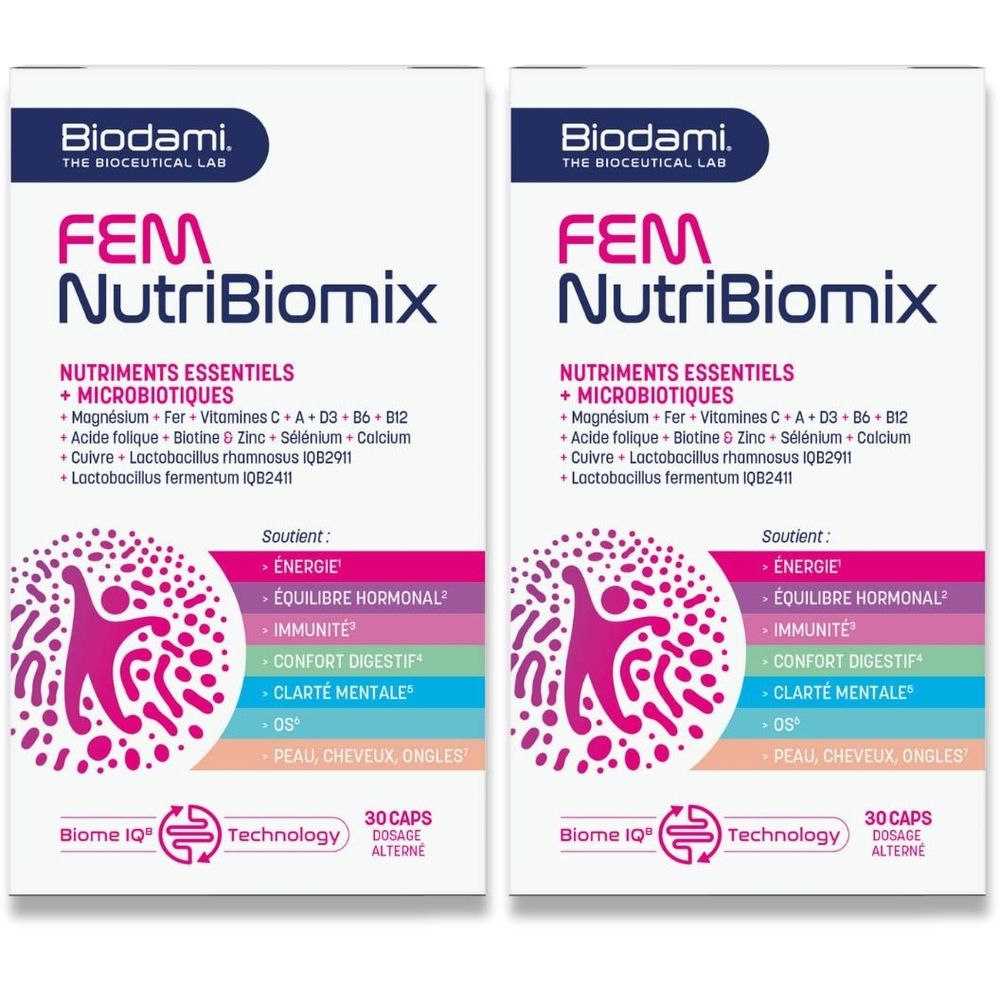 Boîte de FEM NutriBiomix. Contient 30 capsules. Logo et texte : Nutriments essentiels + Microbiotiques.