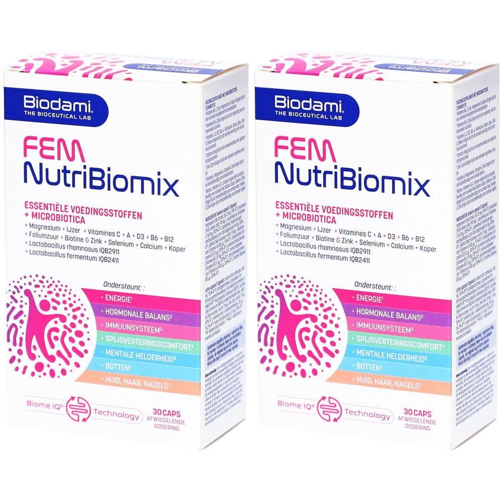 Twee dozen Biodami FEM NutriBiomix. Opschrift: Essentiele voedingsstoffen + Microbiotica. 30 capsules. Logo en tekst in meerdere kleuren.