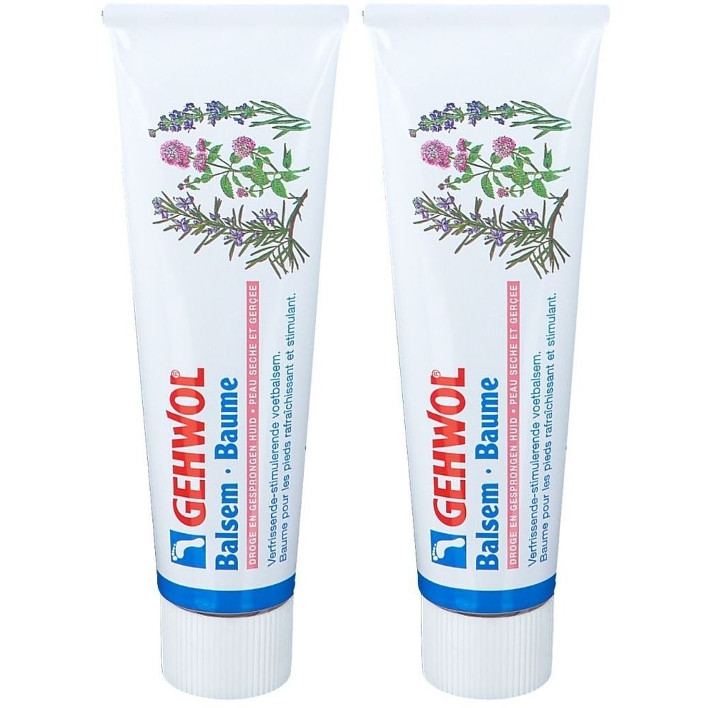 Deux tubes de Baume Gehwol. Tubes blancs avec motif floral. Inscription : Balsem Baume, pour peau sèche. Écriture bleue et rouge.