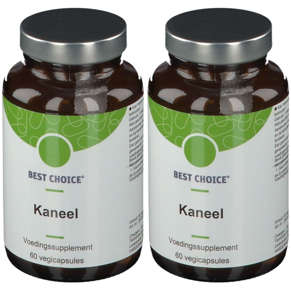 Twee flessen met capsules. Opschrift "Best Choice Kaneel". Etiket met groen design. Zilverkleurige doppen.
