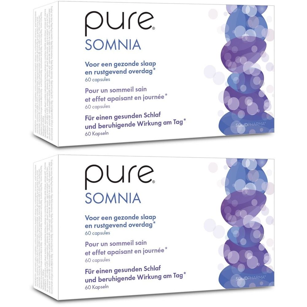 Deux boîtes blanches avec impression du produit. Inscription : pure SOMNIA. Texte en néerlandais, français et allemand. 60 capsules.