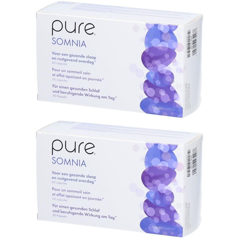 Twee witte dozen met "pure SOMNIA" logo en meertalige tekst. Elke doos bevat 60 capsules.
